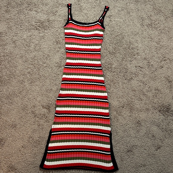 SOLID & STRIPED Red Pink Green Striped Ribbed Midi Dress - Picture 6 of 15